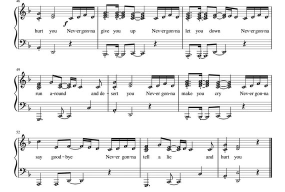 Never Gonna Give You Up (Rick Roll) *Chorus only* Intermediate Piano Sheet  Music with note names & lyrics printable downloadable