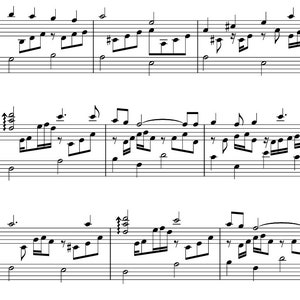 May include: A sheet music score for piano with musical notes and clefs. The music is written in the key of C major and includes a time signature of 4/4. The music is written in a standard musical notation format.