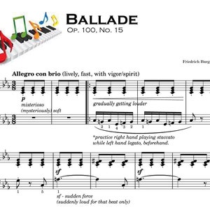 May include: A sheet music score for a piano piece titled "Ballade, Op. 100, No. 15" by Friedrich Burgmuller. The piece is in the key of C major and is marked "Allegro con brio" (lively, fast, with vigour/spirit). The music includes notes, rests, and dynamic markings.