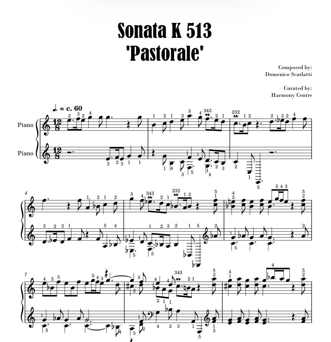 Sonata K513 'pastorale' by Scarlatti - Piano Sheet Music Score