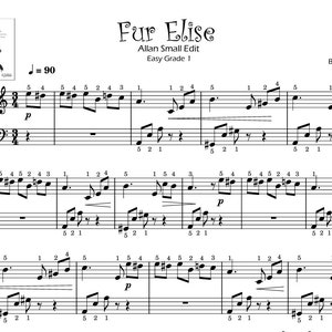 Könnte beinhalten: Notenblatt für das Klavierstück "Für Elise" von Ludwig van Beethoven. Die Musik ist für leichtes Klavierspiel arrangiert, mit Noten und Zahlen, die die zu drückenden Tasten angeben. Der Titel "Für Elise" ist oben auf der Seite in Kursivschrift geschrieben, zusammen mit dem Namen des Komponisten, "Beethoven".