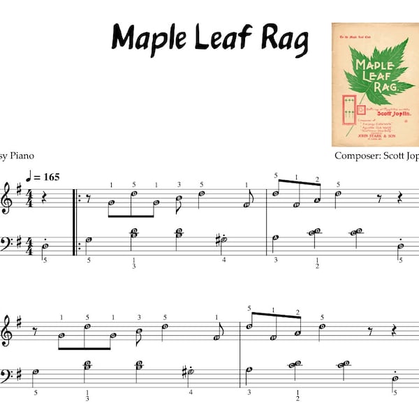 Maple Leaf Rag - Easy Piano Sheet Music + Free (with note names, finger numbers)