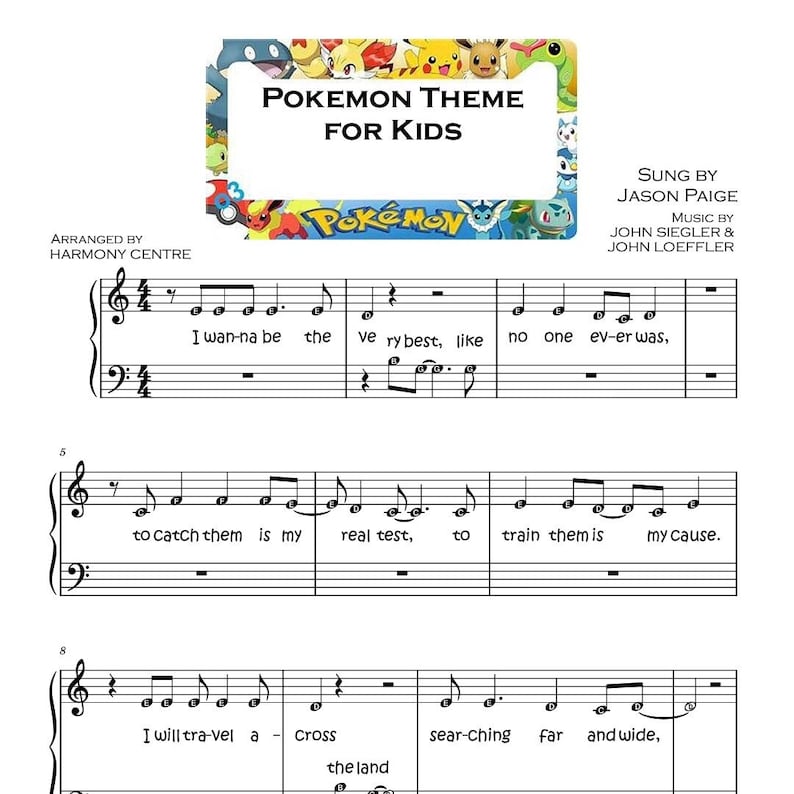 P0kem0n Theme for Kids ~ Piano Sheet Music Score With Note Names ...