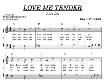 Love Me Tender - Easy Piano Music Sheet with note names Grade 1 with lyrics
