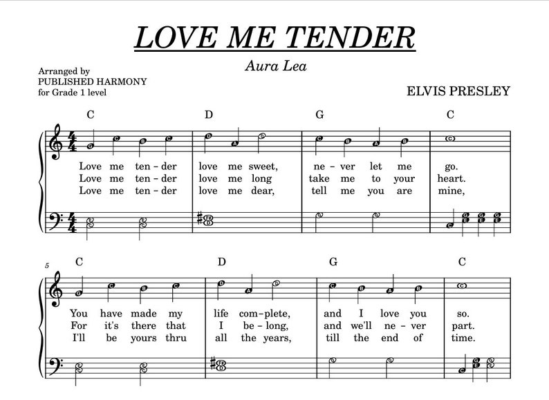 Love Me Tender - Easy Piano Music Sheet With Note Names Grade 1 With ...