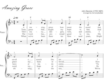 Amazing Grace for Easy Piano Sheet Music with note names & finger number guides