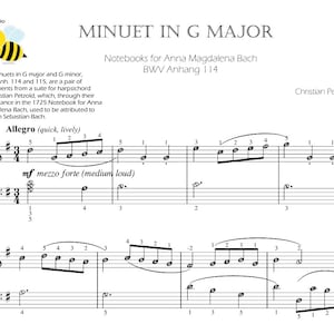 Pode incluir: Partitura de "Minueto em Sol Maior" com notas musicais, claves e indicações de andamento. O texto inclui "Allegro" e "mezzo forte". Uma abelha de desenho animado amarela e preta está no canto superior esquerdo. Compositor: Christian Petzold.