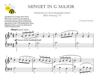 Minuet in G Major JS Bach Piano Sheet Music With Note Names - Etsy