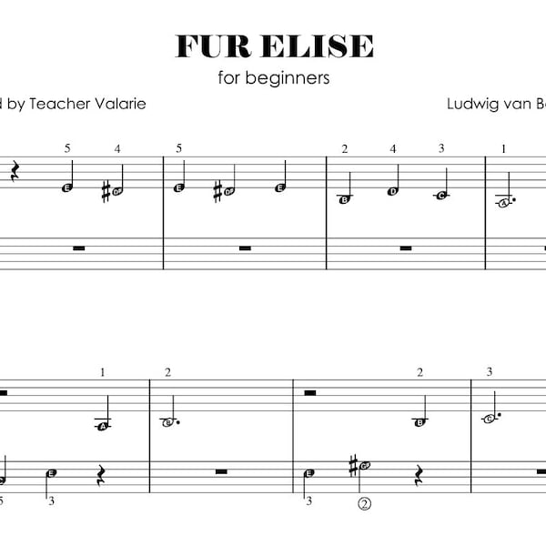 Fur Elise for beginners (5-finger position) Very Easy Piano Sheet Music for Kids