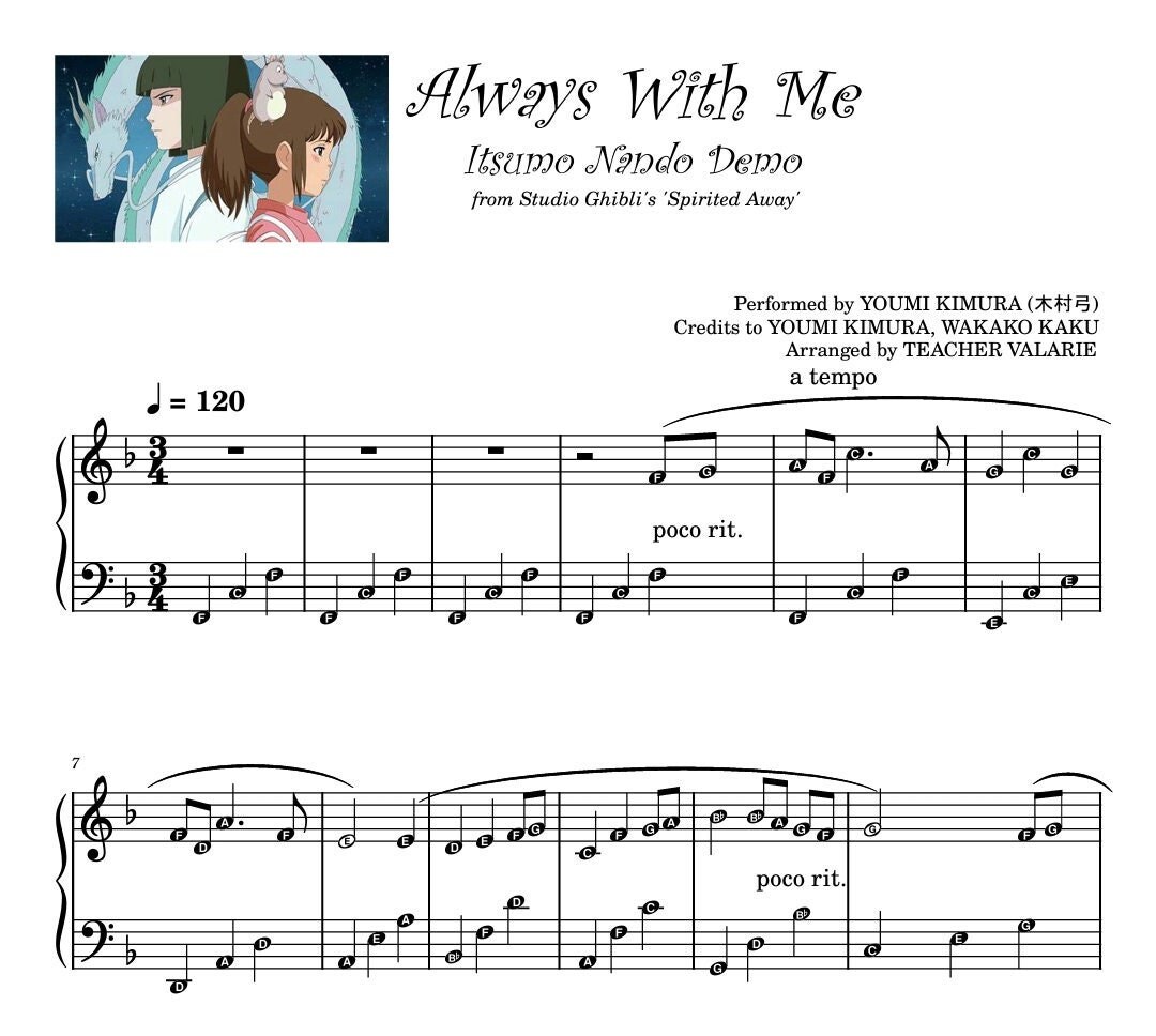 Always With Me From Spirited Away Piano Solo Easy Grade 2 With Note Names Self Learning Series