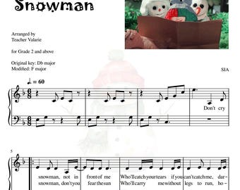 Snowman SIA - Piano Sheet Music Score Grade 2 with note names lyrics POP PIANO