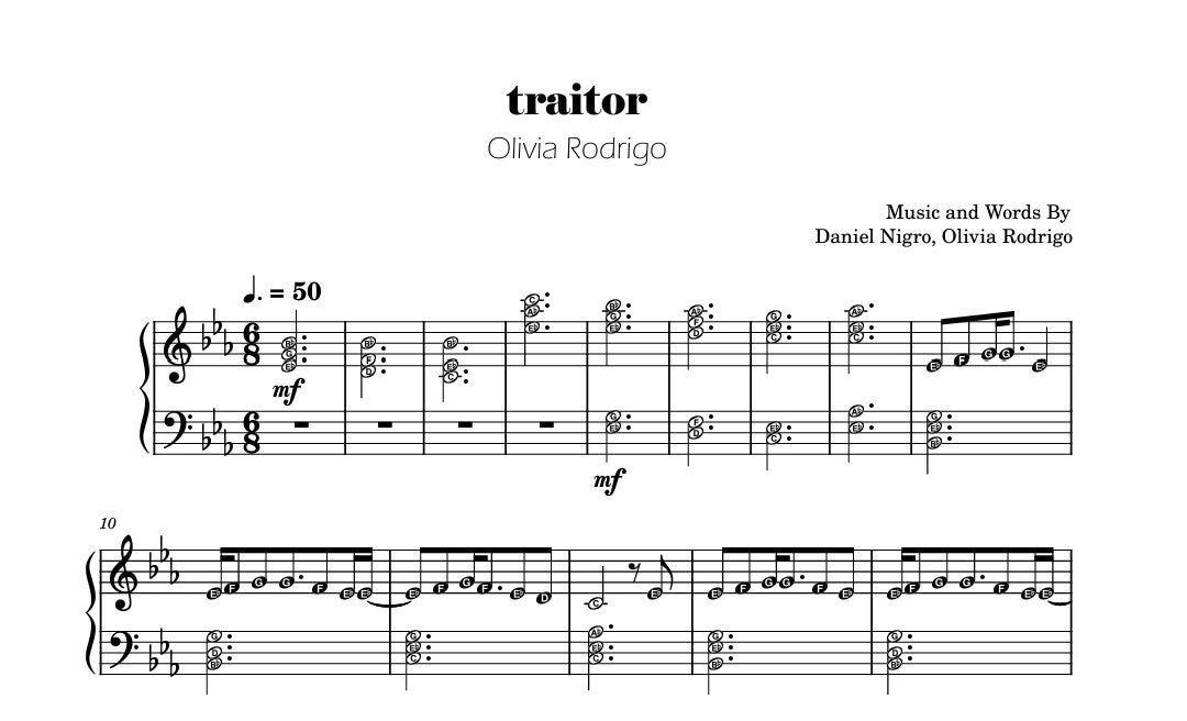 Traitor-Olivia Rodrigo- Free Piano Sheet Music & Piano Chords