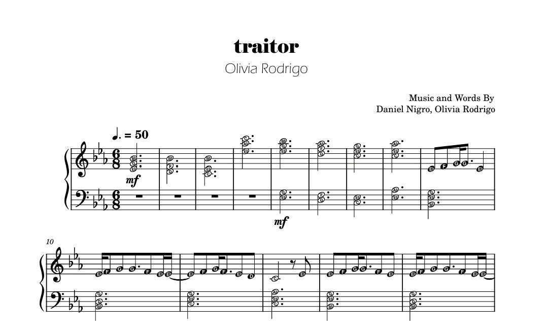Olivia Rodrigo traitor Sheet Music for Beginners in C Major