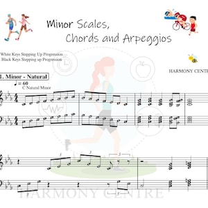 Op de afbeelding: Muziekblad getiteld "Minor Scales, Chords and Arpeggios" met muzieknotatie, inclusief G-sleutel en F-sleutel. De tekst bevat "C Natural Minor" en "Harmony Centre". Er zijn ook illustraties van hardlopers en andere atleten.