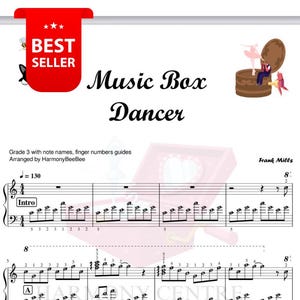 Music Box Dancer - Easy G3 + Hard G5 Piano Sheet Music with note names & finger number guides