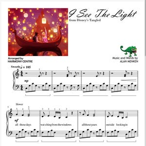 Op de afbeelding: Partituur voor het lied "I See the Light" uit de Disney-film Tangled. De muziek is gearrangeerd voor piano en bevat de tekst "Sweetly = 105" en "Slower".