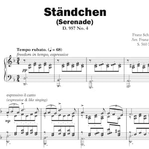 May include: A sheet music score for the song "Ständchen (Serenade)" by Franz Schubert, arranged by Franz Liszt. The title is in bold font and the composer and arranger are listed below. The music is written in standard notation with a time signature of 4/4 and a tempo marking of = 68. The piece is in the key of F major and has a range of two octaves.
