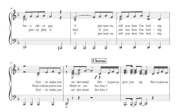 Never Gonna Give You Up (Rick Roll) *Chorus only* Intermediate Piano Sheet  Music with note names & lyrics printable downloadable