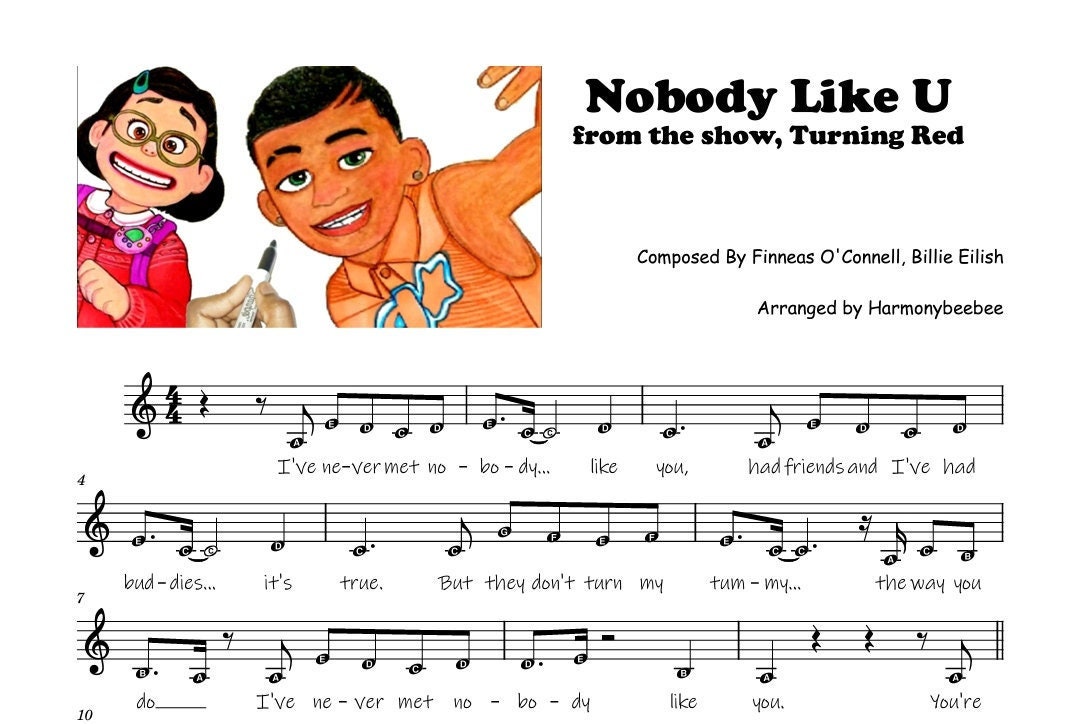 N0B0DY Like U - 4 Town ~ Easy Kids Piano Sheet Music with note names & lyrics