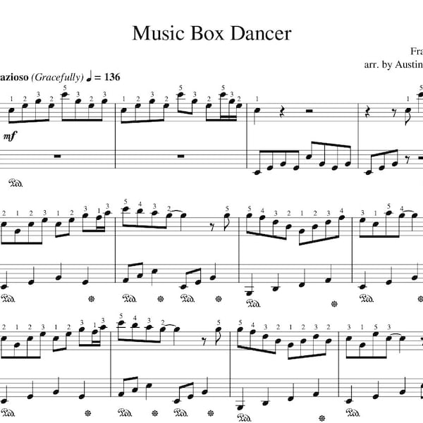 Music Box Dancer - Easy G3 + Hard G5 Piano Sheet Music with note names & finger number guides