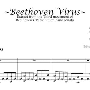 Puede incluir: Una partitura musical para piano titulada "Beethoven Virus". La partitura incluye el tempo, "175-185", y el texto "Intro". La música está escrita en notación estándar con una clave de sol y una firma de compás de 4/4.