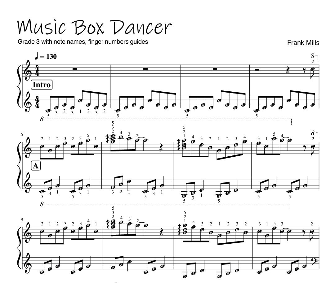 Music Box Dancer - Easy G3 + Hard G5 Piano Sheet Music With Note Names ...