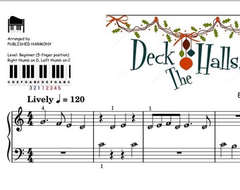 Deck The Halls - Easy Piano for Beginners Kids Students with note names