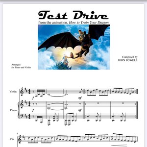 May include: Sheet music for "Test Drive" from "How to Train Your Dragon," arranged for piano and violin. The cover features a vibrant image of a dragon soaring through a blue sky. Composed by John Powell.