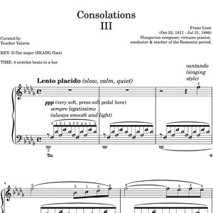 Consolations 3 by Franz Liszt Grade 6 Piano Sheet Music Score with note names explanations performance directions