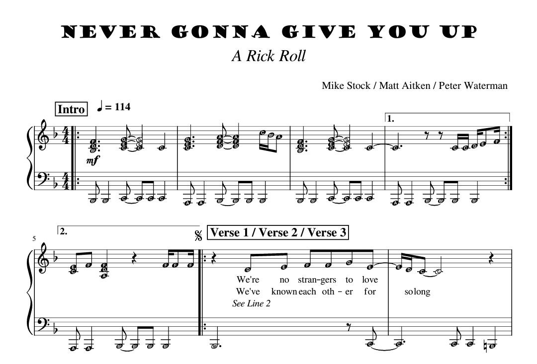 Never Gonna Give You Up (Rick Roll) *Chorus only* Intermediate Piano Sheet  Music with note names & lyrics printable downloadable