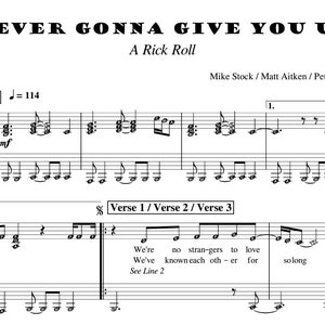 Rick Roll / Never Gonna Give You Up Piano Sheet Music for Grade 1 with note names Easy Version