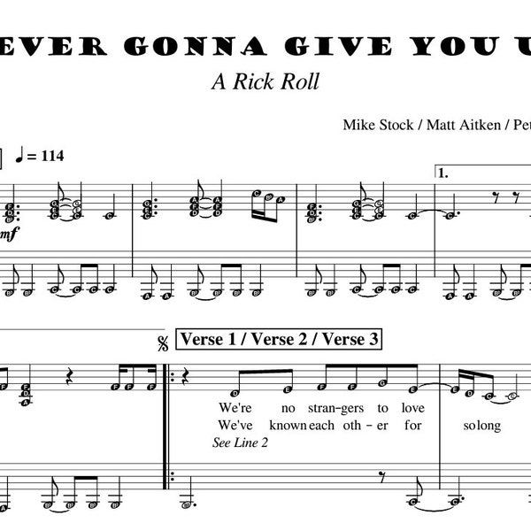 Rick Roll / Never Gonna Give You Up Piano Sheet Music for Grade 1 with note names Easy Version