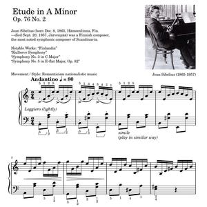 May include: Sheet music for "Etude in A Minor, Op. 76 No. 2" by Jean Sibelius. The image includes a black and white photo of the composer, along with musical notation. The text includes the tempo marking "Andantino = 80".