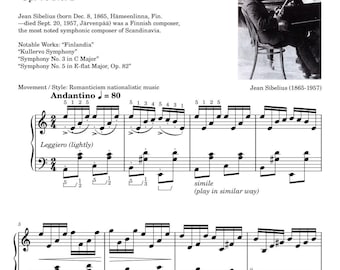 Etude in A minor Op. 76 No. 2 by Jean Sibelius - Piano Sheet Music Score with note names details self learning finger exercise