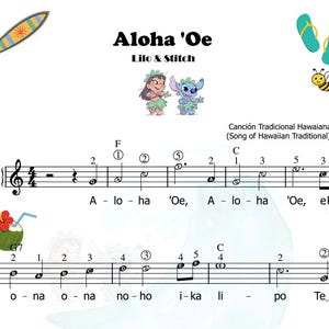 Op de afbeelding: Partituur voor het lied "Aloha 'Oe" uit de film Lilo & Stitch. De muziek is geschreven in F-majeur en bevat teksten in het Engels en Hawaïaans. De titel van het lied is geschreven in een gestileerd lettertype met een blauw-groen kleurenschema.