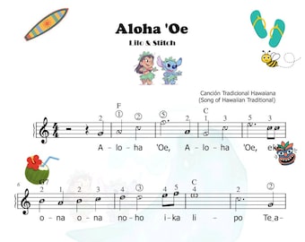 Paquete de partituras para piano de Aloha Oe y Hawaiian Roller Coaster Ride (LiIo y Stitch) para principiantes con nombres de notas