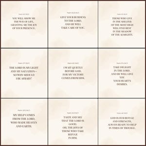 May include: Nine square cards with inspirational quotes from Psalms. Each card features a quote in a serif font against a light beige watercolor wash background. The cards are arranged in a 3x3 grid, with a dark brown border.
