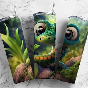 May include: Three stainless steel tumblers with a green snake design. The snake has large eyes and a friendly expression. The background is a green and brown jungle scene.