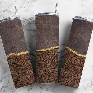 Tooled Leather 20oz Sublimation Tumbler Designs, Country Western 9.2 x 8.3” Straight Skinny Tumbler Wrap PNG, Tumbler For Men