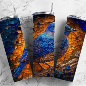 Blauer Vogel 20 Unzen Sublimationsbecher Designs, Mosaikfliese 9,2 x 8,3 ”gerade dünne Becherverpackung PNG, digitaler Download.