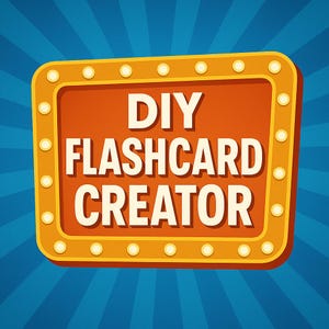 Può includere: Un'insegna retrò con la scritta "DIY FLASHCARD CREATOR" in bianco. L'insegna ha uno sfondo arancione e un bordo dorato con piccole luci rotonde. Lo sfondo è blu con raggi di luce.