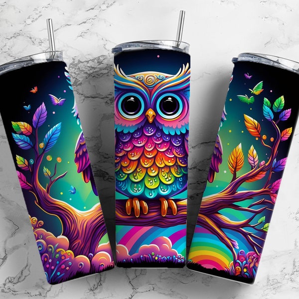 Alcohol Ink Owl 20oz Sublimation Tumbler Designs, Rainbow Neon 9.2 x 8.3” Straight Skinny Tumbler Wrap PNG, Sublimation Design PNG