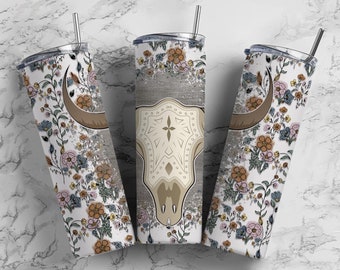 Boho Bull Skull 20oz Sublimation Tumbler Designs, Country Western 9.2 x 8.3” Straight Skinny Tumbler Wrap PNG