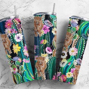 Highland cow 20oz Sublimation Tumbler Designs, Cactus floral 9.2 x 8.3” Straight Skinny Tumbler Wrap PNG