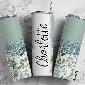 MInt Floral Aesthetic 20oz Sublimation Tumbler Designs, Silver Glitter Split 9.2 x 8.3” Straight Skinny Tumbler Wrap PNG 116