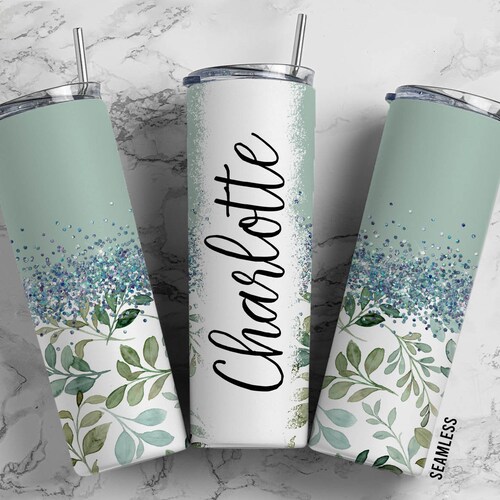 Diseños de vasos de sublimación estéticos florales de menta de 20 oz, vaso delgado recto dividido con purpurina plateada de 9,2 x 8,3" PNG 116