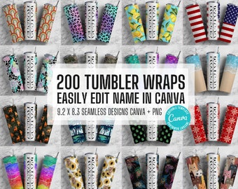 Mega paquete dividido: 200 plantillas editables de Canva para vasos. Agrega tu propio nombre. Plantilla de Canva. Diseños de envolturas para vasos sin costuras de 23 x 21 cm.