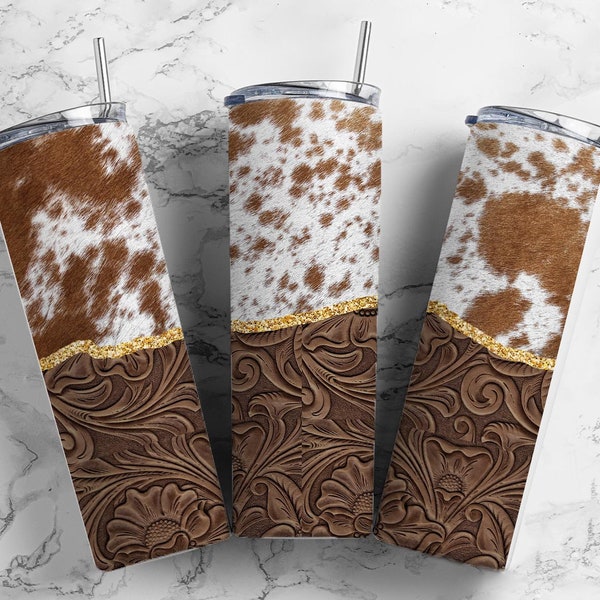 Tooled Leather and Cow 20oz Sublimation Tumbler Designs, Country Western 9.2 x 8.3” Straight Skinny Tumbler Wrap PNG