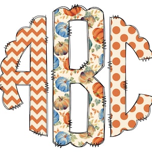 Chevron Fall Monogram Letters, Boho Sublimation PNG Elements Hand Drawn Doodle Alpha Bundle, Pumpkin Polka Dot Sublimation Font PNG Floral