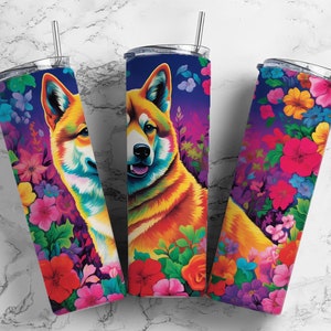 Shiba inu dog 20oz Sublimation Tumbler Designs, Floral landscape 9.2 x 8.3” Straight Skinny Tumbler Wrap PNG